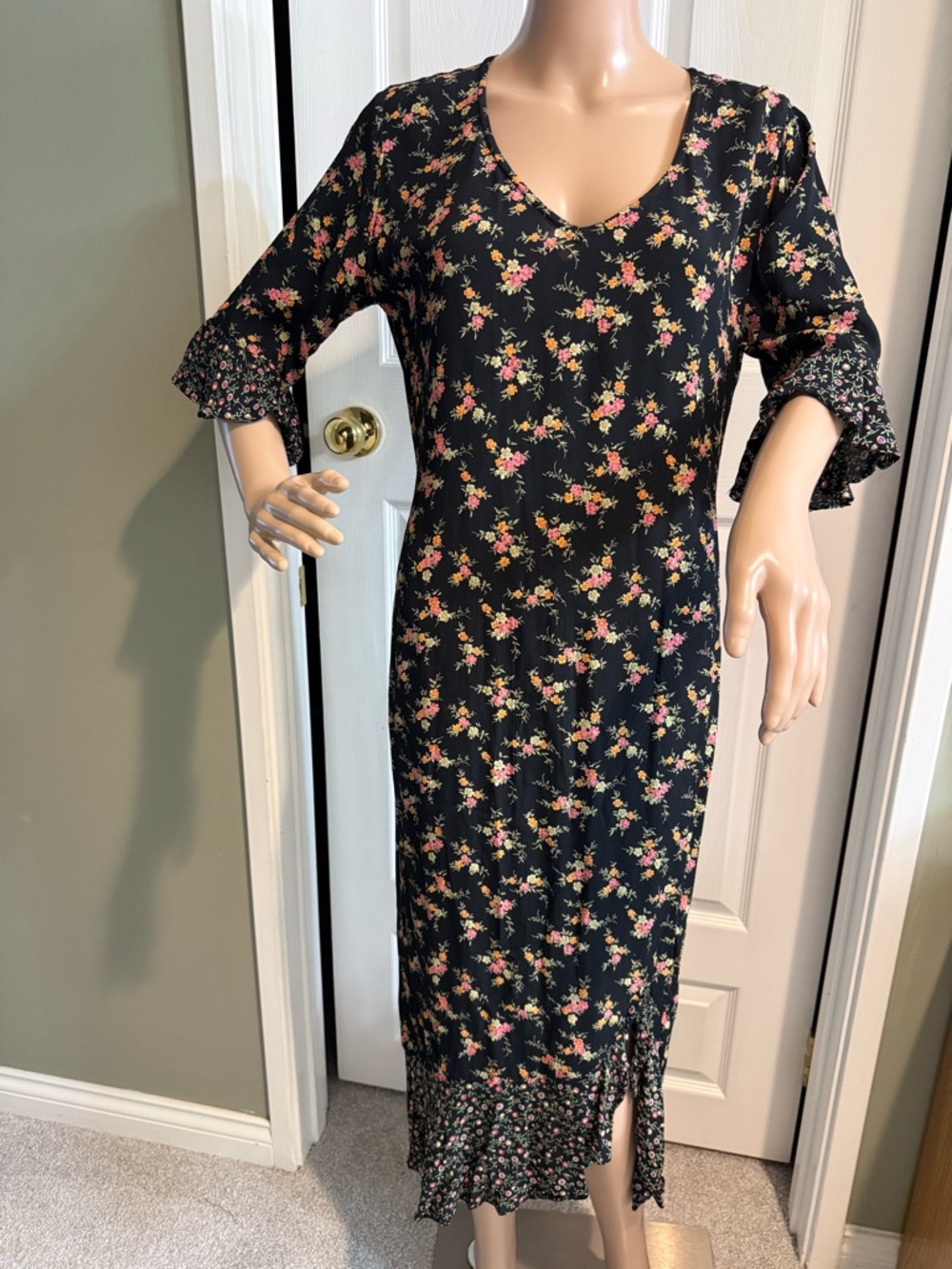 Vintage 90s Rayon Crepe Maxi Dress Size S Ditsy Floral Grunge Whimsigoth